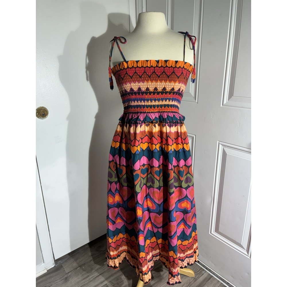 Farm Rio by Anthropologie Smocked Midi Dress Colorful Hearts Boho Tie Strap Sz S